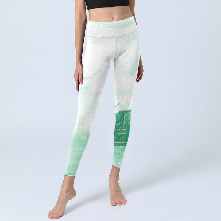 Buddha Stones Mint Green Lotus Leaf Dragonfly Print Exercise Leggings Women's Yoga Pants - image 5