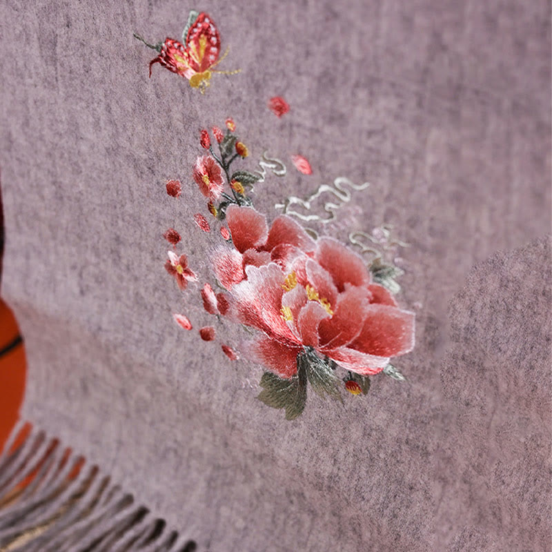 Buddha Stones Wool Shawl Pink Peony Butterfly Embroidery Tassel Winter Cozy Travel Scarf Wrap - image 1