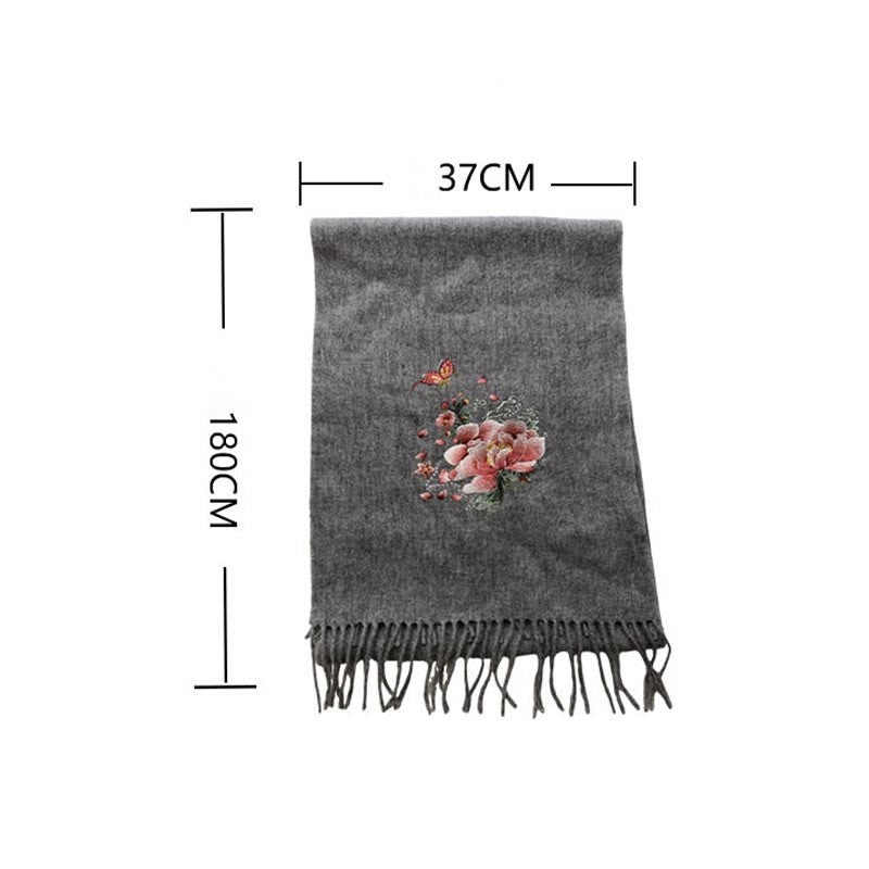 Buddha Stones Wool Shawl Pink Peony Butterfly Embroidery Tassel Winter Cozy Travel Scarf Wrap - image 6