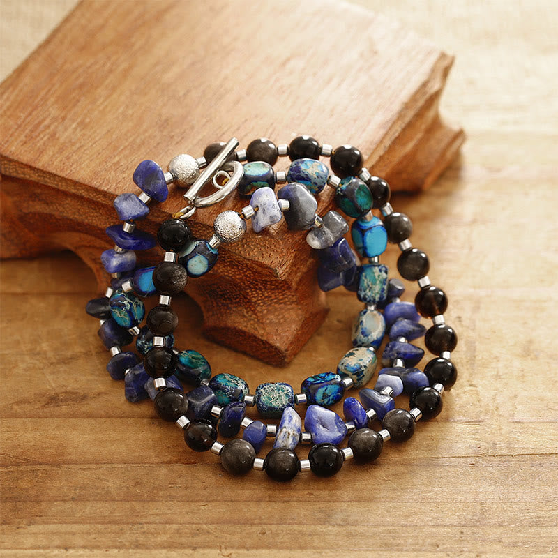 Buddha Stones Emperor Stone Sodalite Gold Sheen Obsidian Balance Triple Wrap Bracelet