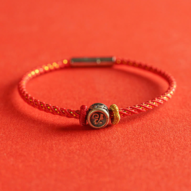 Buddha Stones Braided String 925 Sterling Silver Fu Character Faith Bracelet - Red - 19cm - image 0