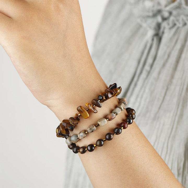 Buddha Stones Bronzite Emperor Stone Tiger Eye Determination Triple Wrap Bracelet