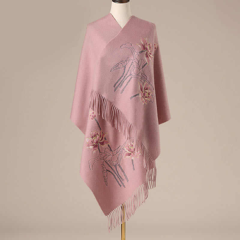 Buddha Stones Wool Shawl Lotus Embroidery Tassel Winter Cozy Travel Scarf Wrap - LightCoral - 200*60cm - image 3