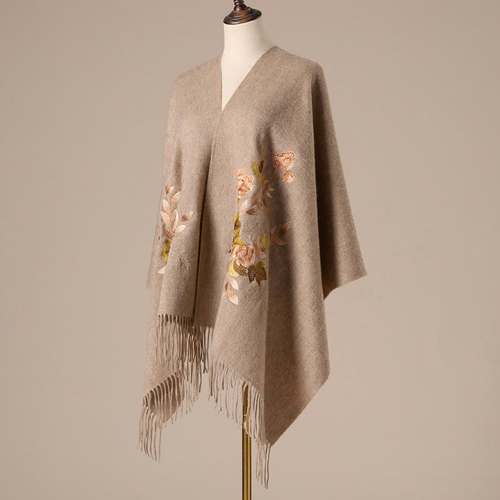 Buddha Stones Wool Shawl Weiyang Flower Embroidery Tassel Winter Cozy Travel Scarf Wrap - Tan - 200*60cm - image 0