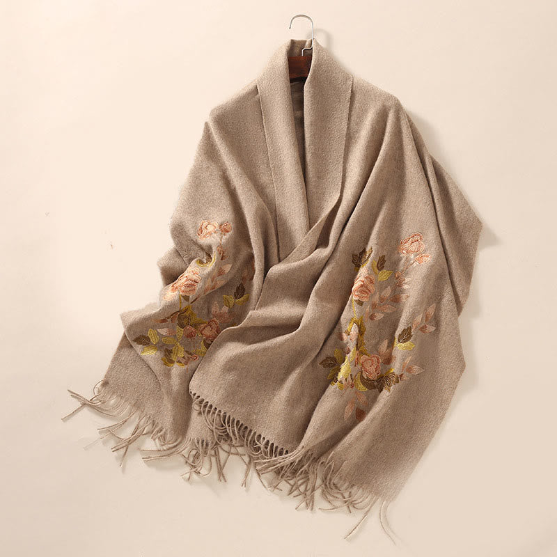 Buddha Stones Wool Shawl Weiyang Flower Embroidery Tassel Winter Cozy Travel Scarf Wrap