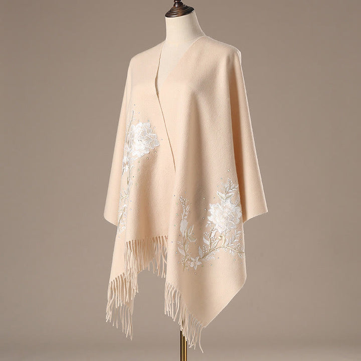 Buddha Stones Wool Shawl White Flower Embroidery Tassel Winter Cozy Travel Scarf Wrap