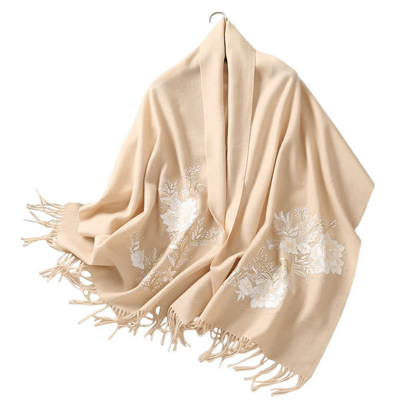 Buddha Stones Wool Shawl White Flower Embroidery Tassel Winter Cozy Travel Scarf Wrap