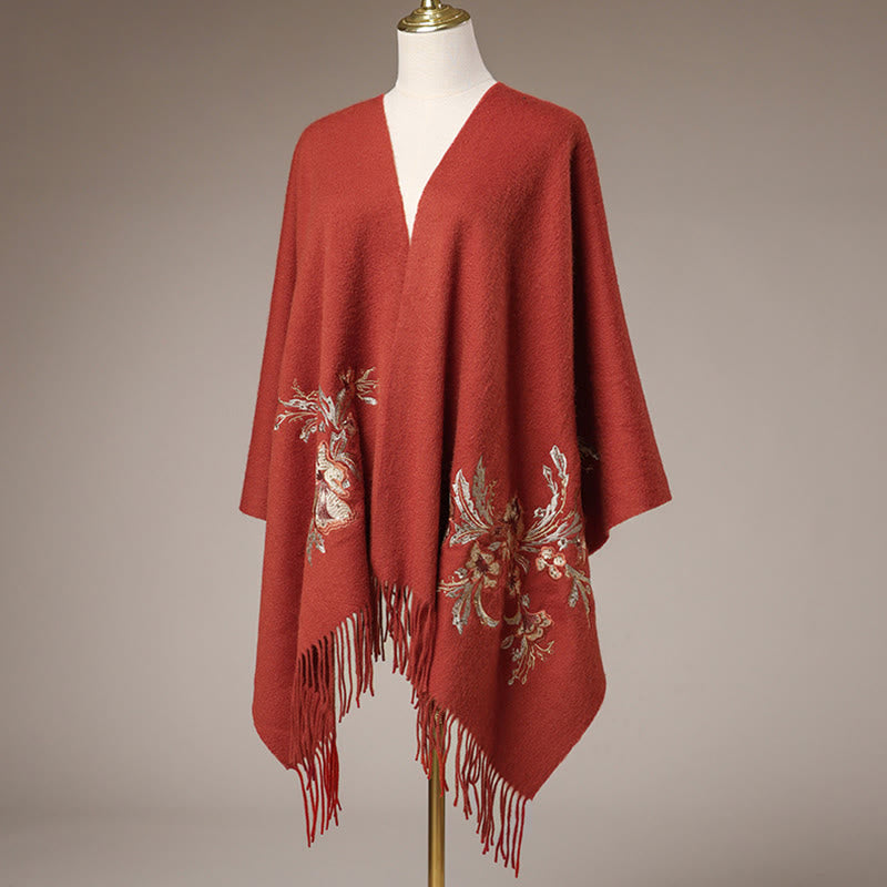 Buddha Stones Wool Shawl Red Flower Gold Sequins Embroidery Tassel Winter Cozy Travel Scarf Wrap - image 1