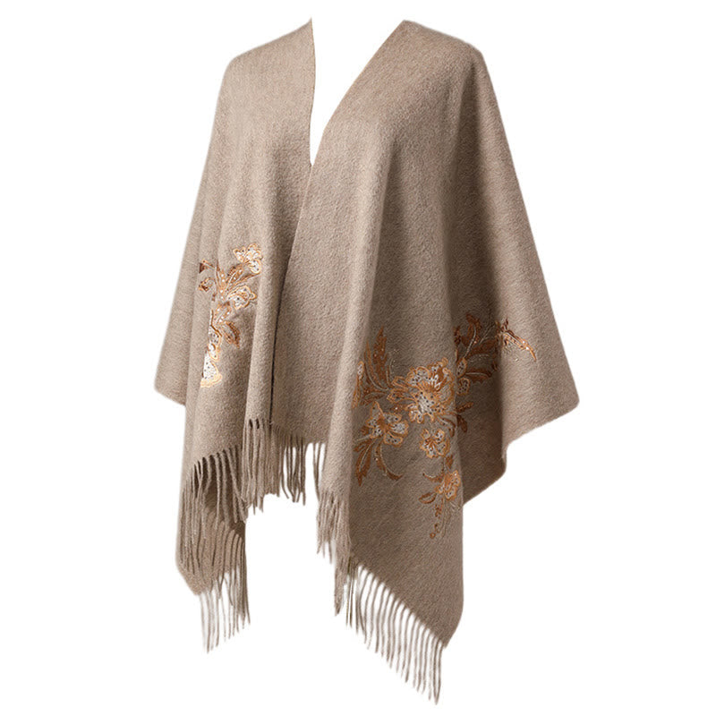 Buddha Stones Wool Shawl Red Flower Gold Sequins Embroidery Tassel Winter Cozy Travel Scarf Wrap