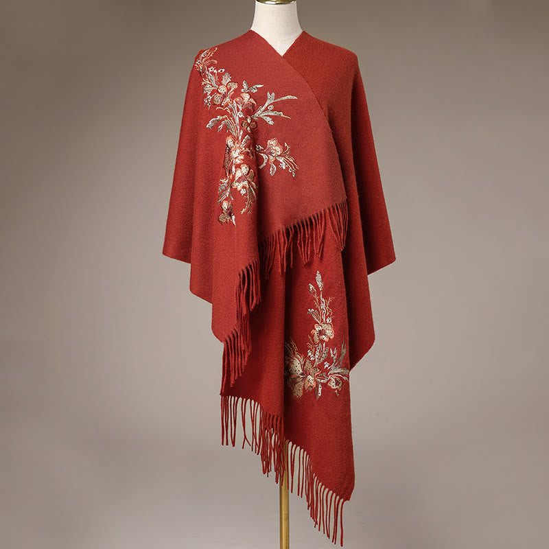 Buddha Stones Wool Shawl Red Flower Gold Sequins Embroidery Tassel Winter Cozy Travel Scarf Wrap