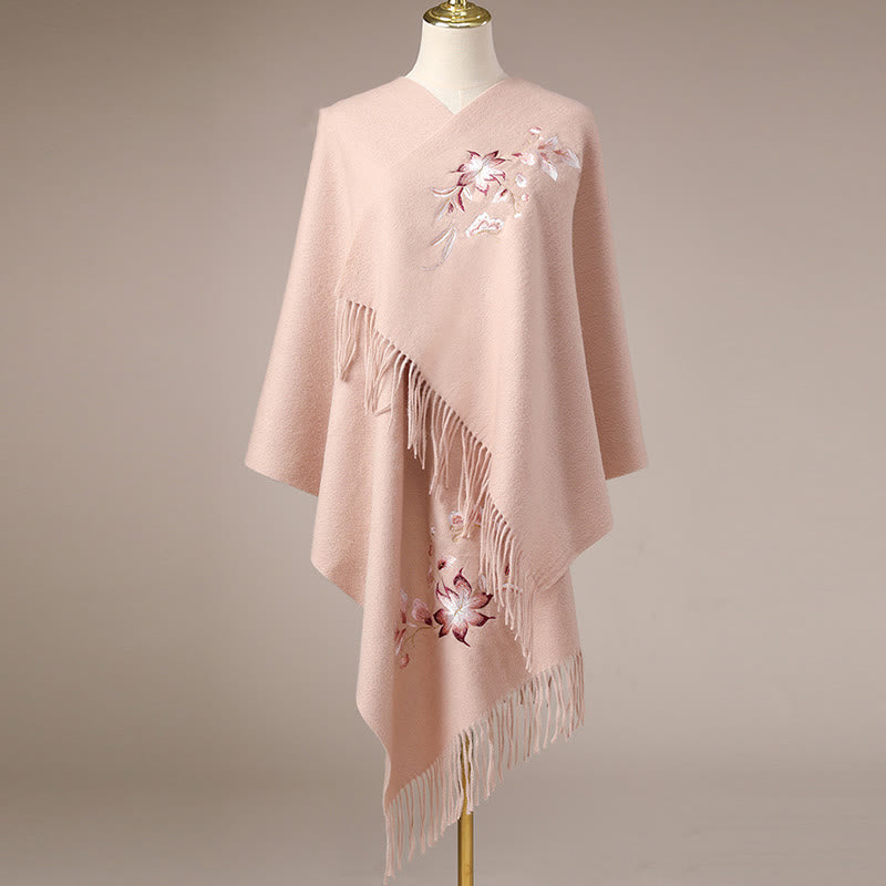 Buddha Stones Wool Shawl Pink White Flower Embroidery Tassel Winter Cozy Travel Scarf Wrap