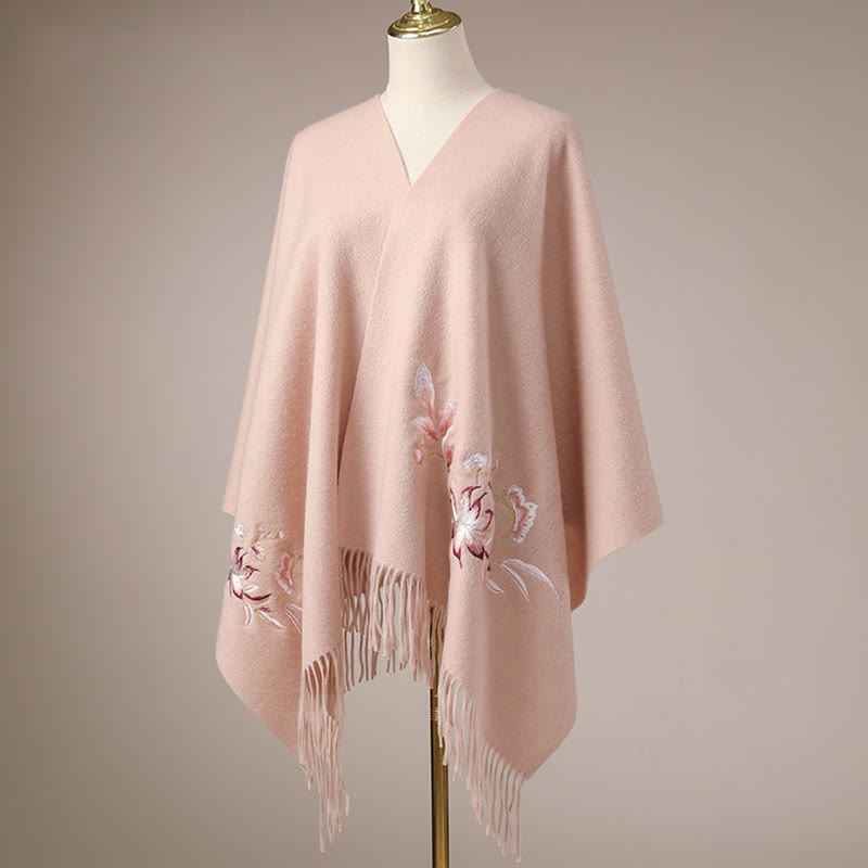 Buddha Stones Wool Shawl Pink White Flower Embroidery Tassel Winter Cozy Travel Scarf Wrap