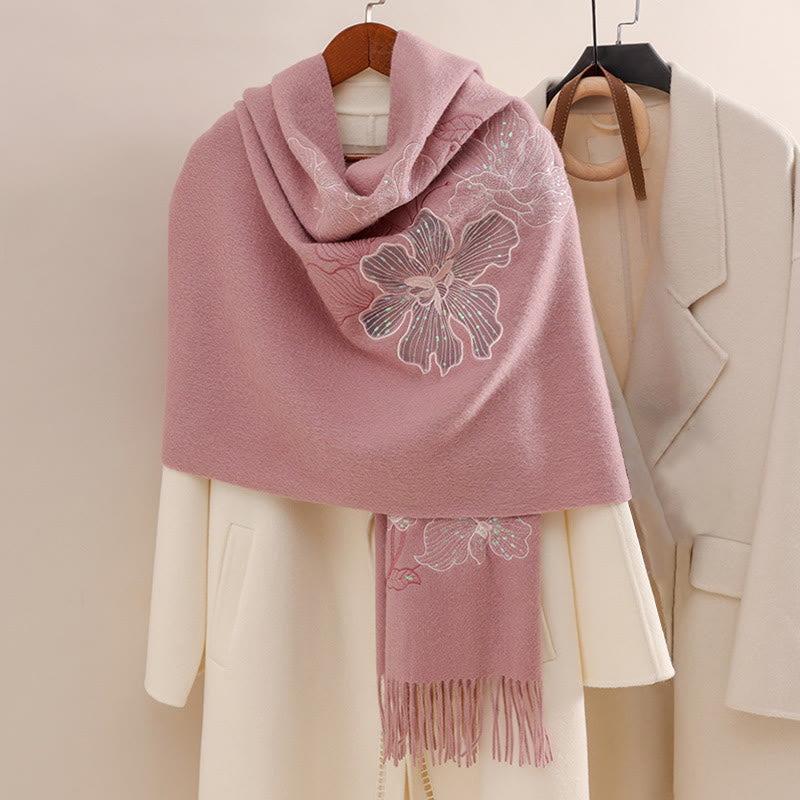 Buddha Stones Wool Shawl Big Flower Sequins Embroidery Tassel Winter Cozy Travel Scarf Wrap - LightPink - 200*60cm - image 6