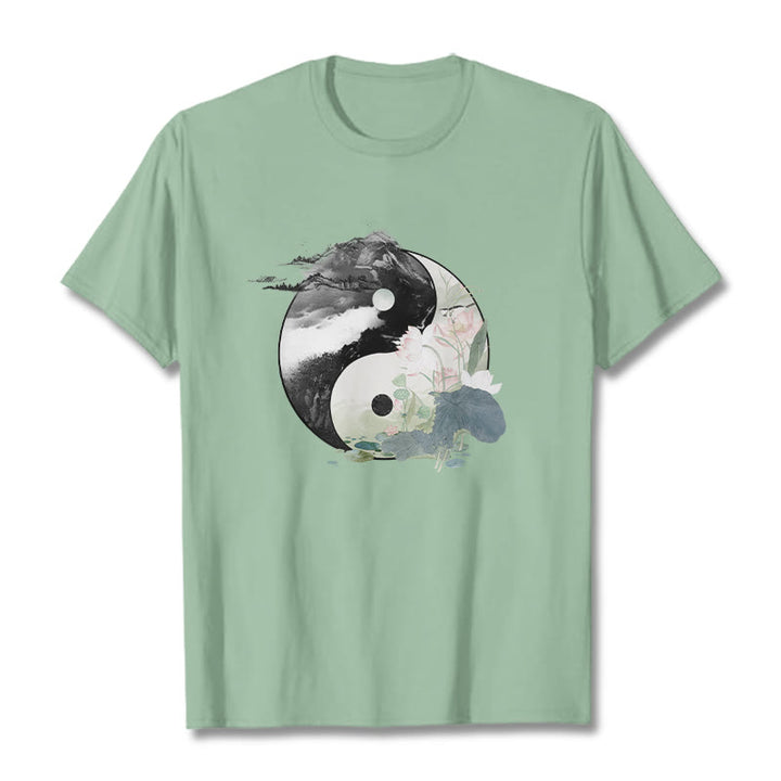 Buddha Stones Yin Yang Lotus Leaf Ink Painting Cotton Tee T-shirt - PaleGreen - 2XL - image 15