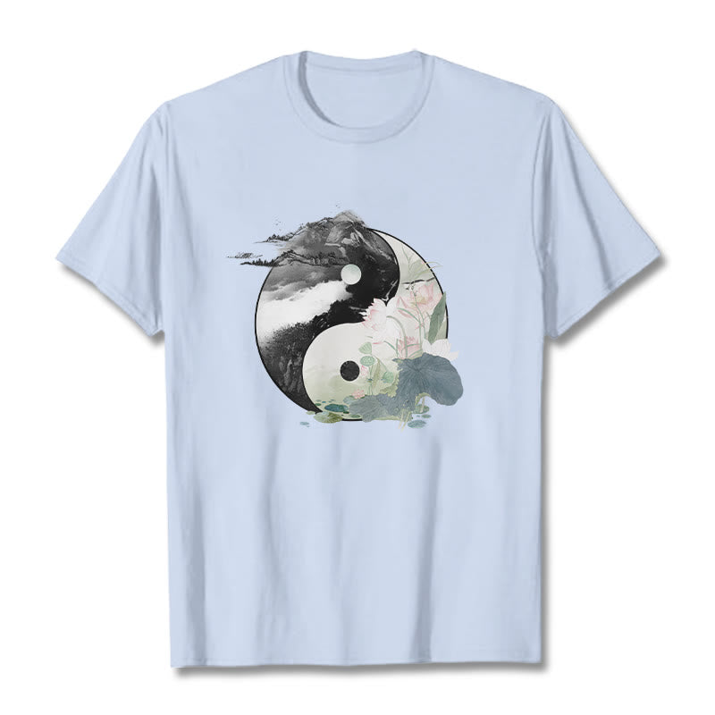 Buddha Stones Yin Yang Lotus Leaf Ink Painting Cotton Tee T-shirt - LightCyan - 2XL - image 12