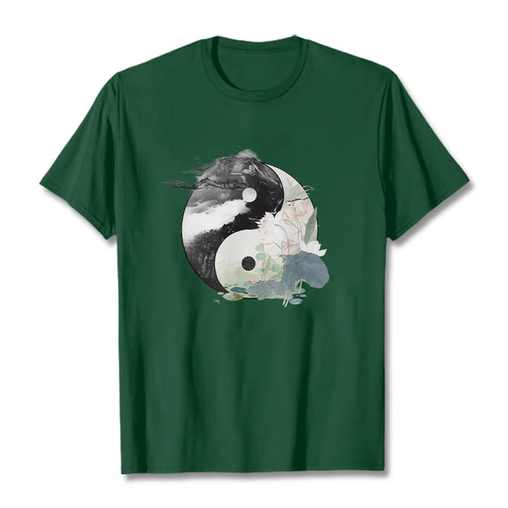 Buddha Stones Yin Yang Lotus Leaf Ink Painting Cotton Tee T-shirt - ForestGreen - 2XL - image 6
