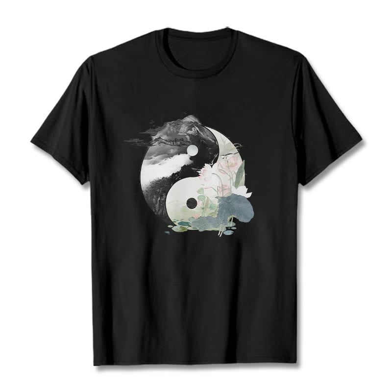 Buddha Stones Yin Yang Lotus Leaf Ink Painting Cotton Tee T-shirt - Black - 2XL - image 1