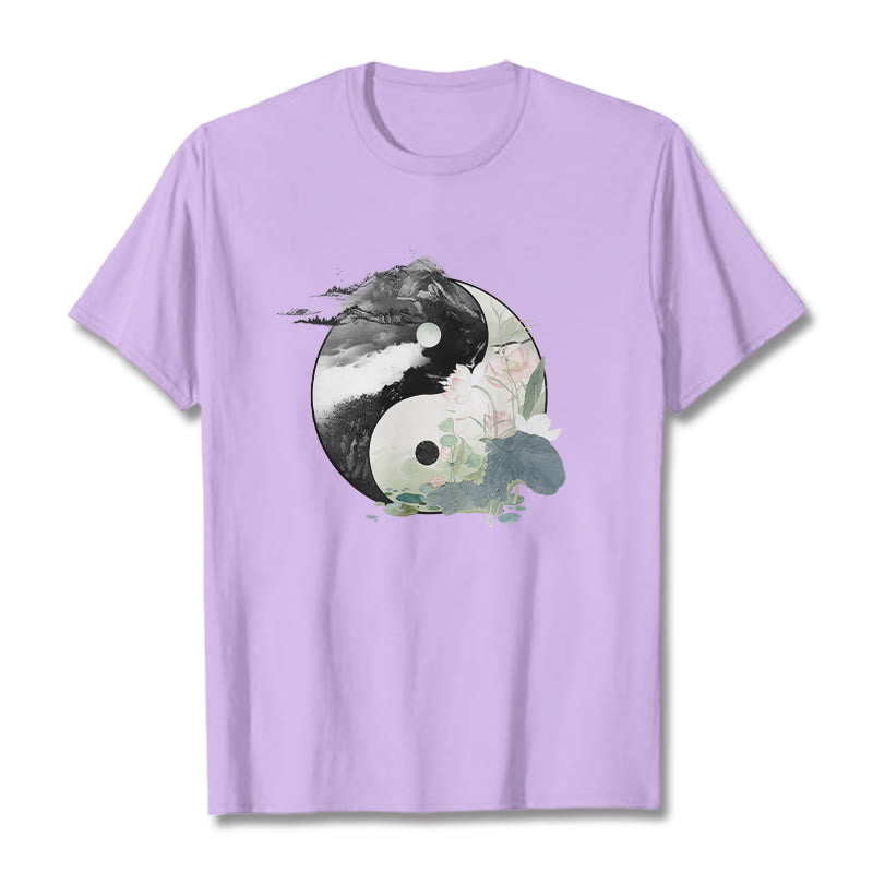 Buddha Stones Yin Yang Lotus Leaf Ink Painting Cotton Tee T-shirt - Plum - 2XL - image 19