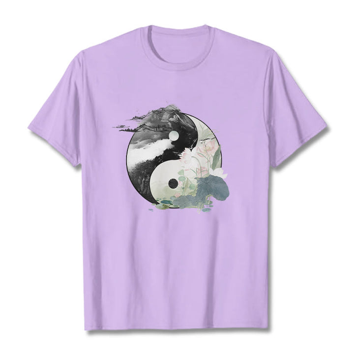Buddha Stones Yin Yang Lotus Leaf Ink Painting Cotton Tee T-shirt - Plum - 2XL - image 19