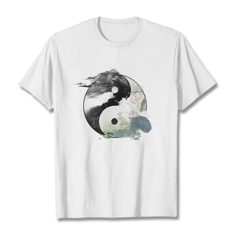 Buddha Stones Yin Yang Lotus Leaf Ink Painting Cotton Tee T-shirt - White - 2XL - image 8