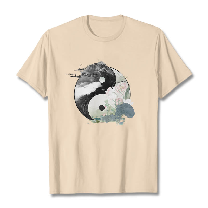 Buddha Stones Yin Yang Lotus Leaf Ink Painting Cotton Tee T-shirt - Bisque - 2XL - image 13