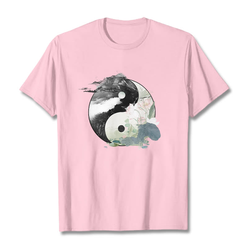 Buddha Stones Yin Yang Lotus Leaf Ink Painting Cotton Tee T-shirt - LightPink - 2XL - image 17