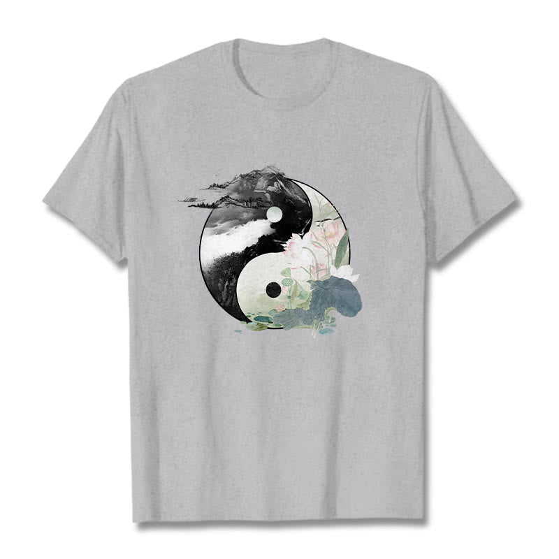 Buddha Stones Yin Yang Lotus Leaf Ink Painting Cotton Tee T-shirt - LightGrey - 2XL - image 11