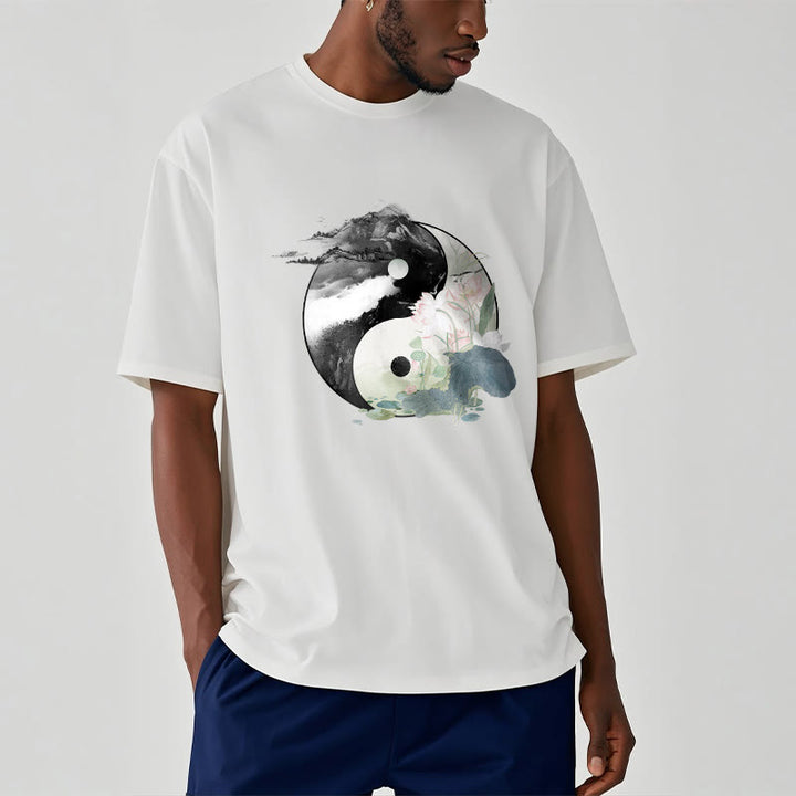 Buddha Stones Yin Yang Lotus Leaf Ink Painting Cotton Tee T-shirt - image 10