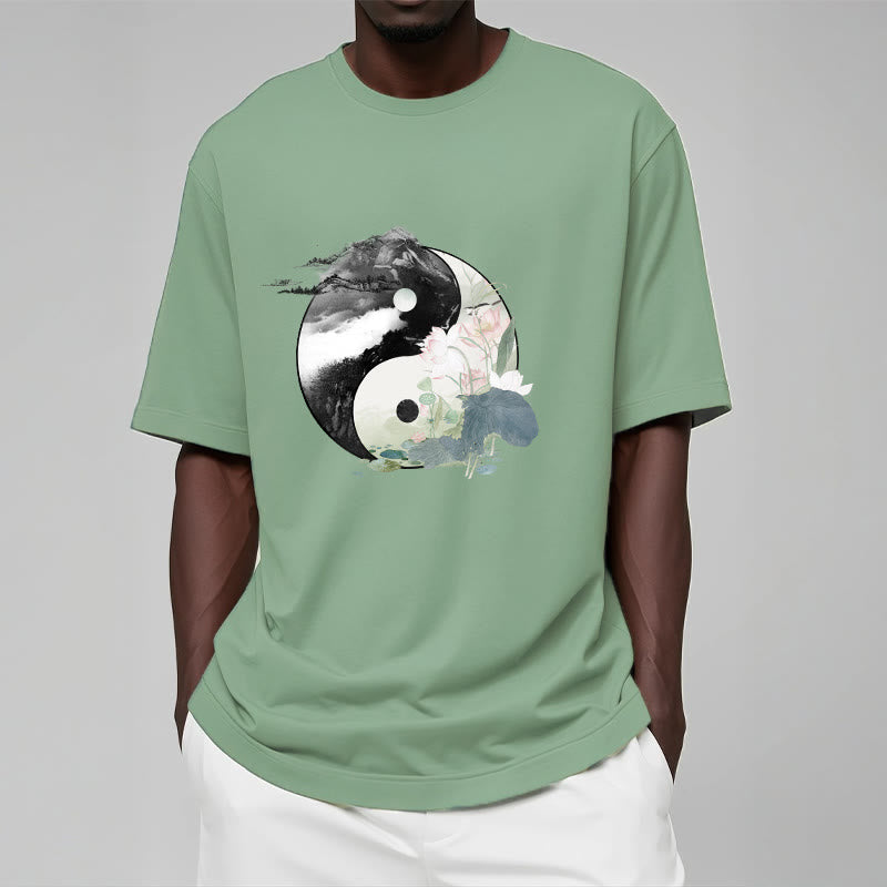 Buddha Stones Yin Yang Lotus Leaf Ink Painting Cotton Tee T-shirt - image 16