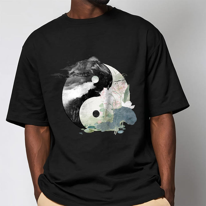 Buddha Stones Yin Yang Lotus Leaf Ink Painting Cotton Tee T-shirt - image 3