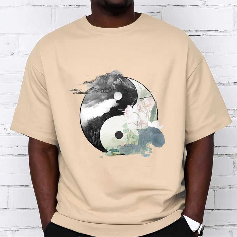 Buddha Stones Yin Yang Lotus Leaf Ink Painting Cotton Tee T-shirt - image 14