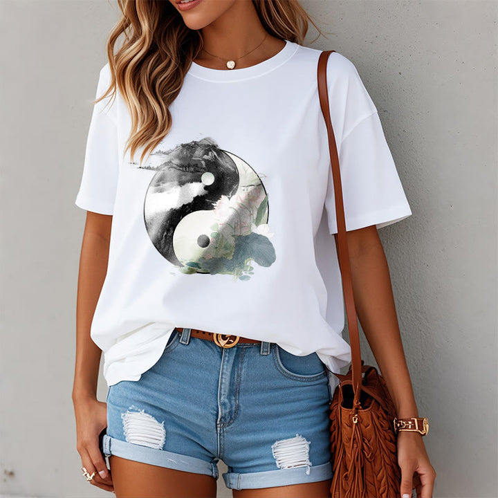Buddha Stones Yin Yang Lotus Leaf Ink Painting Cotton Tee T-shirt - image 9
