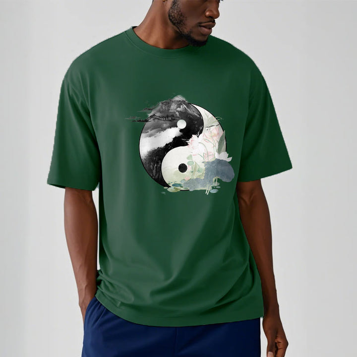 Buddha Stones Yin Yang Lotus Leaf Ink Painting Cotton Tee T-shirt - image 7