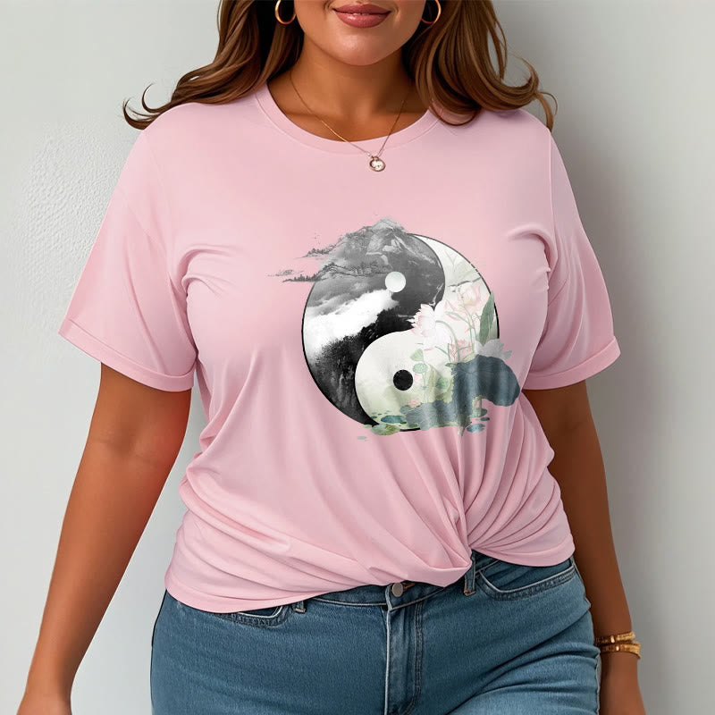 Buddha Stones Yin Yang Lotus Leaf Ink Painting Cotton Tee T-shirt - image 18