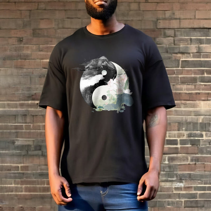 Buddha Stones Yin Yang Lotus Leaf Ink Painting Cotton Tee T-shirt - image 4