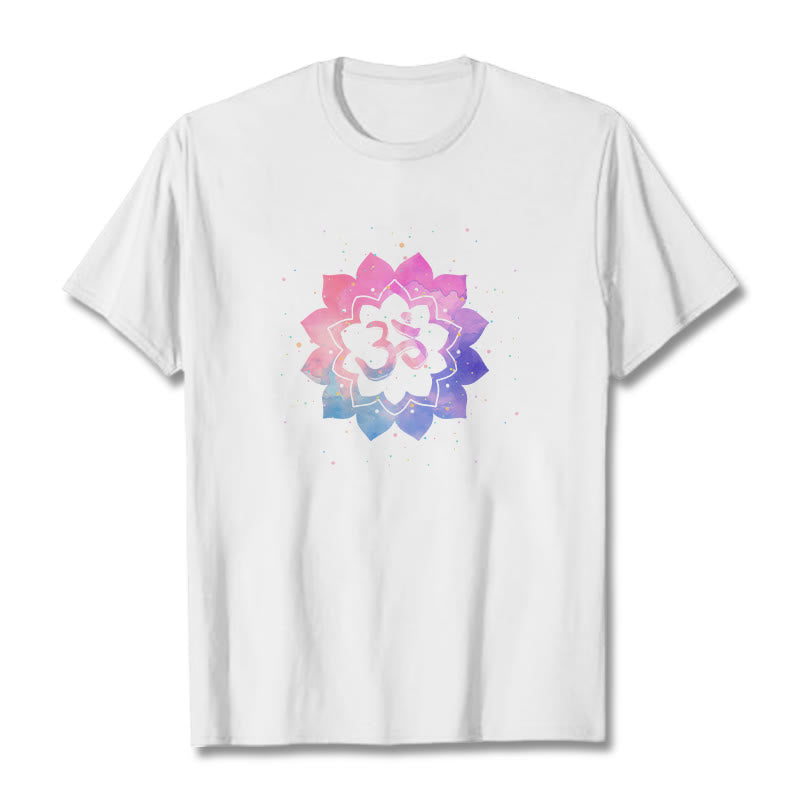 Buddha Stones Om Colorful Lotus Cotton Tee T-shirt - White - 2XL - image 1