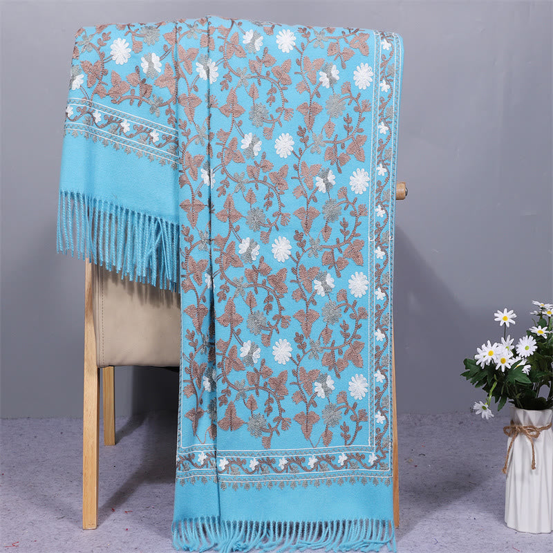 Buddha Stones Polyester Shawl Cashew Flowers Embroidery Tassel Winter Cozy Travel Scarf Wrap - LightSkyBlue - 200*70cm - image 12