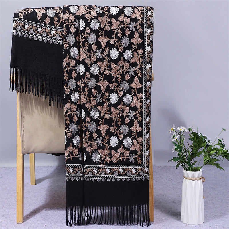Buddha Stones Polyester Shawl Cashew Flowers Embroidery Tassel Winter Cozy Travel Scarf Wrap - Black - 200*70cm - image 5