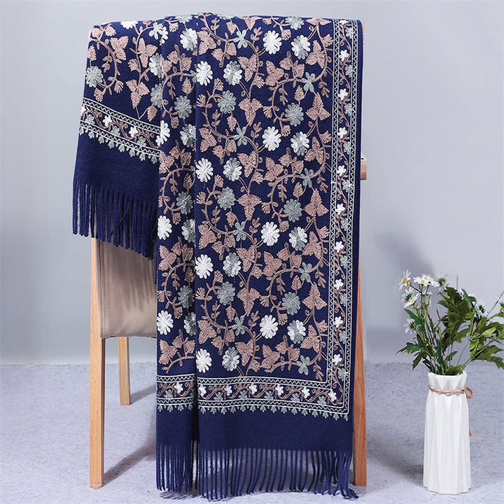Buddha Stones Polyester Shawl Cashew Flowers Embroidery Tassel Winter Cozy Travel Scarf Wrap - MidnightBlue - 200*70cm - image 0