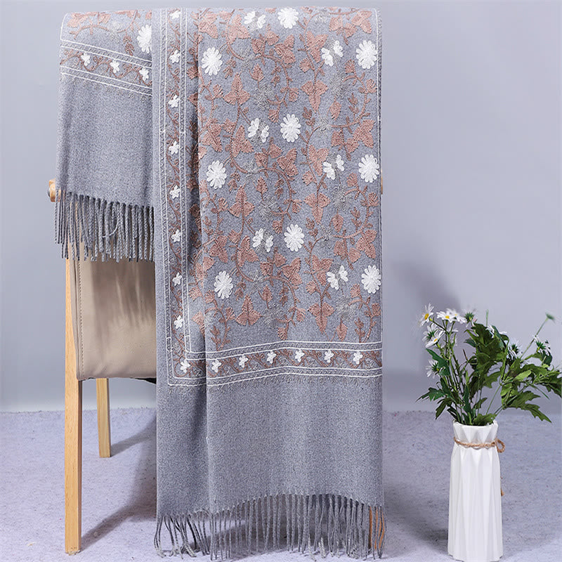 Buddha Stones Polyester Shawl Cashew Flowers Embroidery Tassel Winter Cozy Travel Scarf Wrap - DarkGray - 200*70cm - image 4
