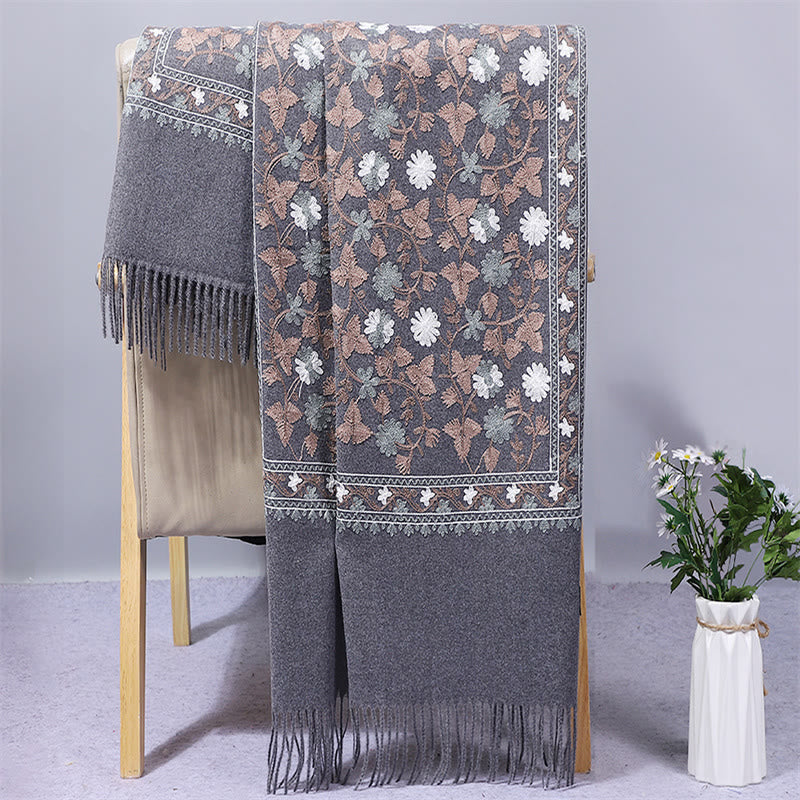 Buddha Stones Polyester Shawl Cashew Flowers Embroidery Tassel Winter Cozy Travel Scarf Wrap - SlateGray - 200*70cm - image 3