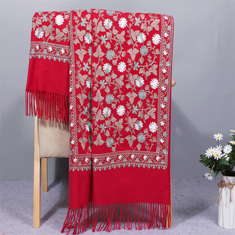 Buddha Stones Polyester Shawl Cashew Flowers Embroidery Tassel Winter Cozy Travel Scarf Wrap - FireBrick - 200*70cm - image 8