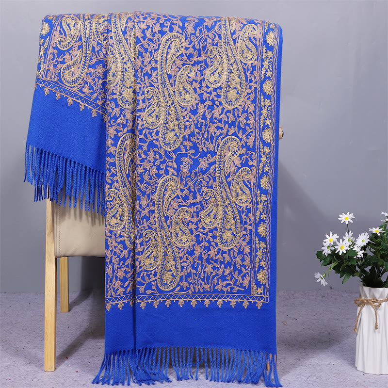 Buddha Stones Rayon Fabric Shawl Golden Cashew Flowers Embroidery Tassel Winter Cozy Travel Scarf Wrap - RoyalBlue - 200*70cm - image 6