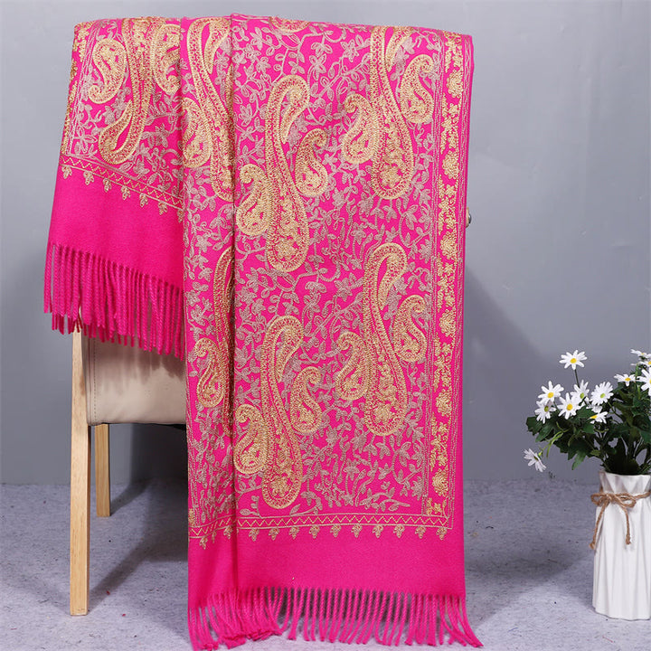 Buddha Stones Rayon Fabric Shawl Golden Cashew Flowers Embroidery Tassel Winter Cozy Travel Scarf Wrap - DeepPink - 200*70cm - image 10