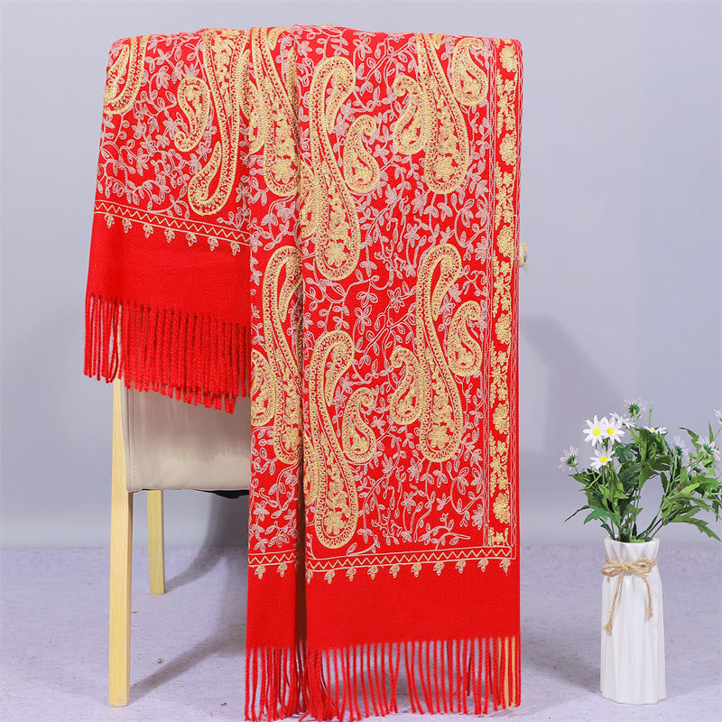 Buddha Stones Rayon Fabric Shawl Golden Cashew Flowers Embroidery Tassel Winter Cozy Travel Scarf Wrap - OrangeRed - 200*70cm - image 8