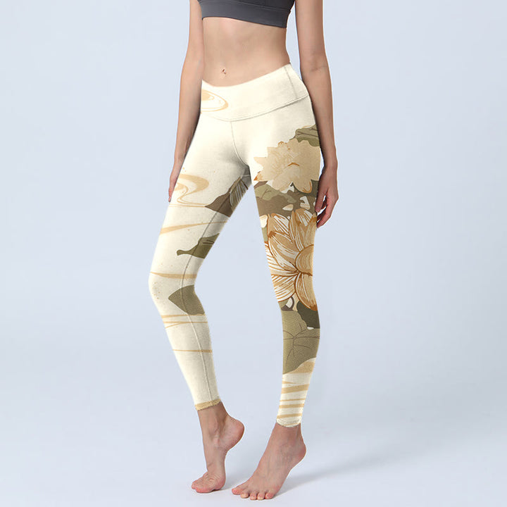 Buddha Stones Beige Lotus Flower Print Gym Fitness Leggings Women's Yoga Pants