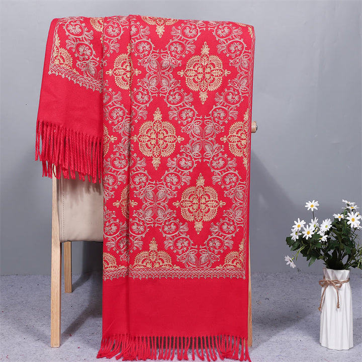 Buddha Stones Polyester Shawl Symmetry Gold Filigree Embroidery Tassel Winter Cozy Travel Scarf Wrap - FireBrick - 200*70cm - image 9