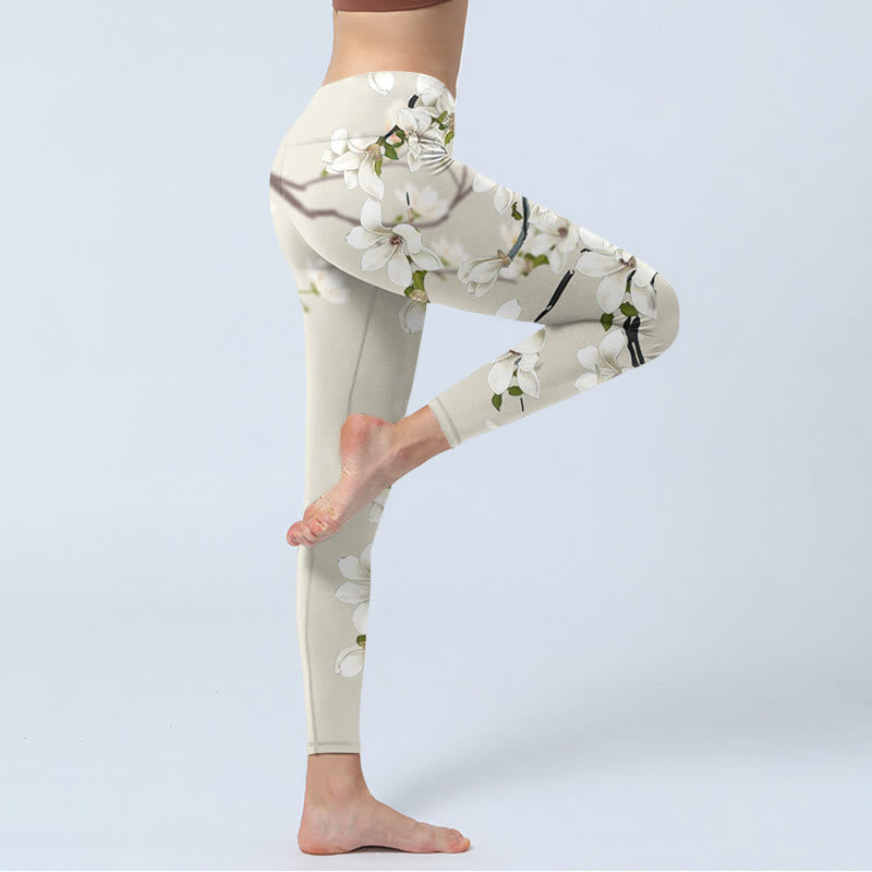 Buddha Stones White Magnolia Flower Print Sports Fitness Leggings Women's Yoga Pants - image 3