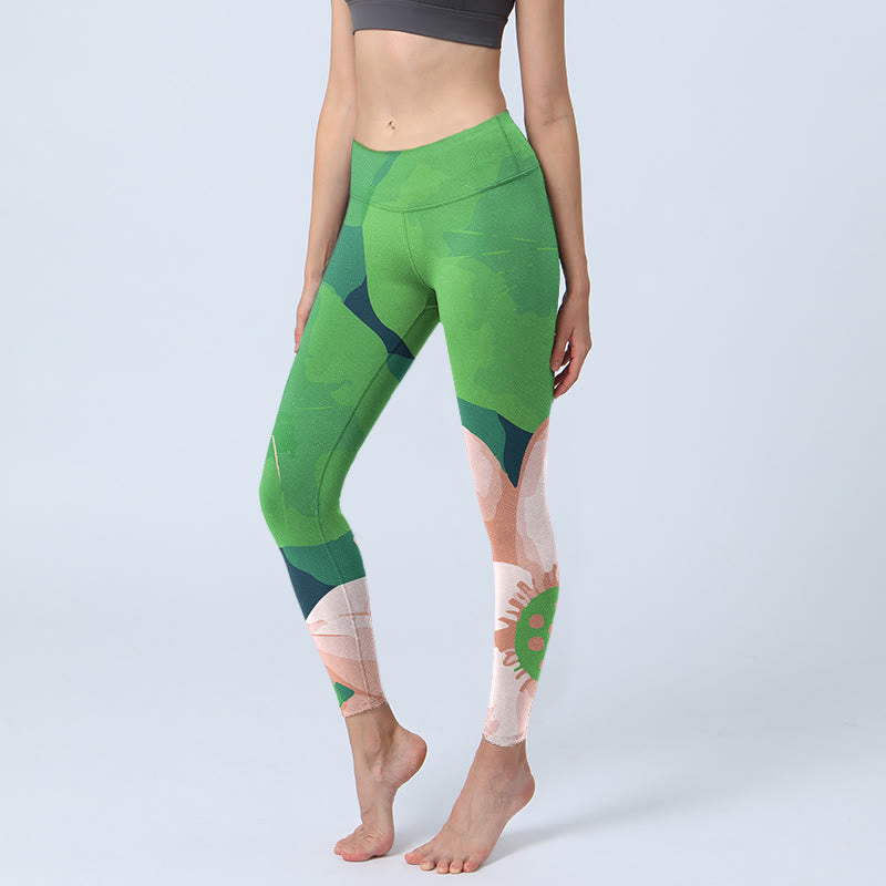 Buddha Stones Green Lotus Flower Leaf Print Sports Fitness Leggings Women's Yoga Pants