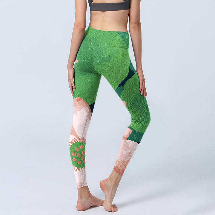 Buddha Stones Green Lotus Flower Leaf Print Sports Fitness Leggings Women's Yoga Pants - image 4